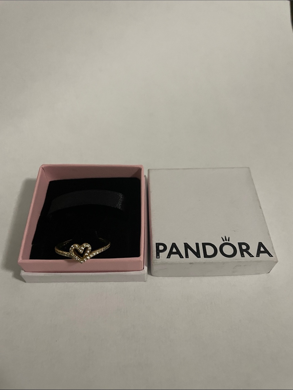 Pandora Gold Heart Ring with Clear Stones and Pink Box